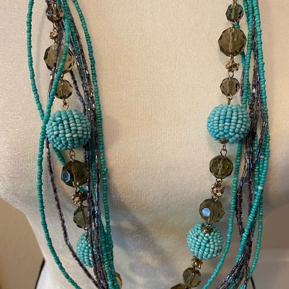 Turquoise and Gold Colored Beaded Necklace - Picture 6 of 9